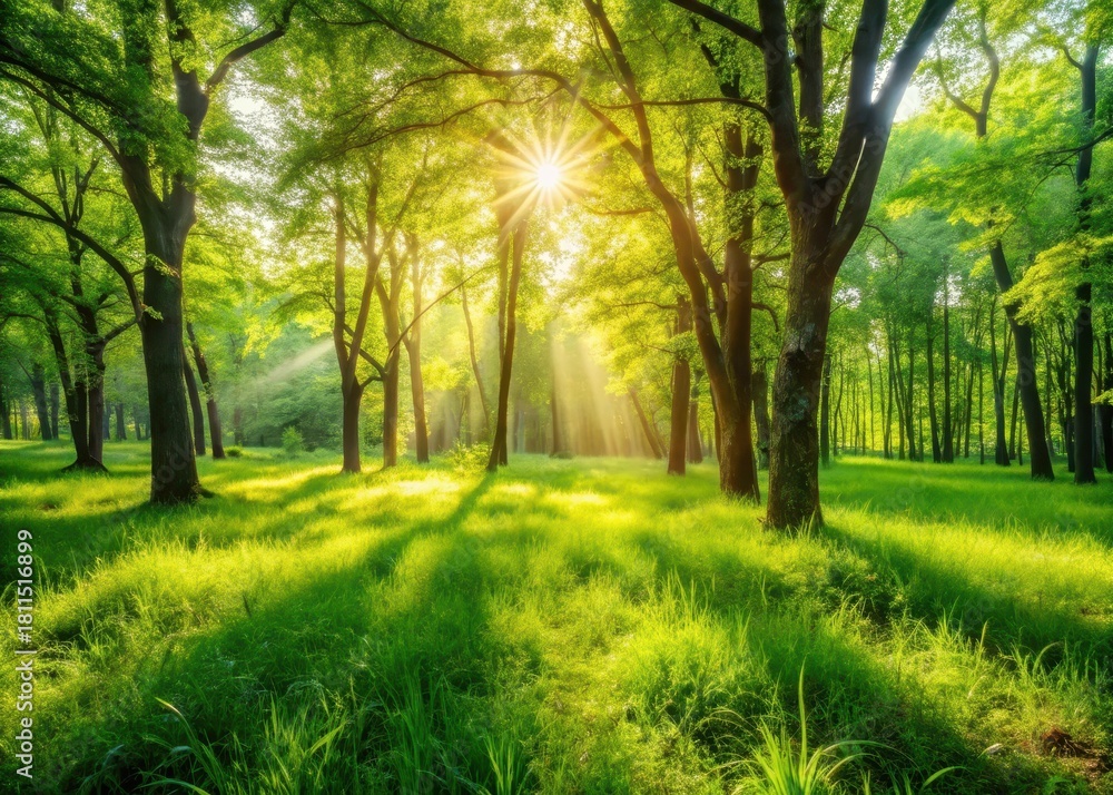Fototapeta premium Lush green forest grass swaying gently under the warm sun's rays