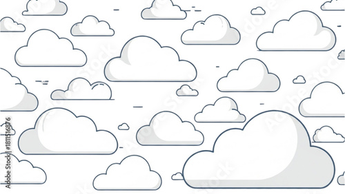 A serene and minimalist seamless pattern of various fluffy white clouds floating across a light, airy sky background, ideal for digital design