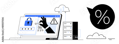Cybersecurity concept. Cybersecurity visuals highlight data safety with a padlock, hacking alert, and cloud computing. Cybersecurity applies to data protection, hacking prevention, IT systems