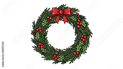 Festive Christmas Wreath with Red Bow and Holly Berries