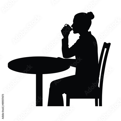 Silhouette of a woman sitting at a table and drinking from a mug, isolated on white isolated on white background, Vector, illustration