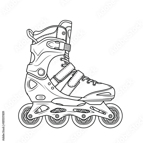 Detailed outline drawing of a single inline roller skate with laces and buckles, isolated on white isolated on white background, Vector, illustration