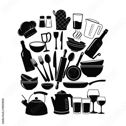 Collection of kitchen utensils and cookware icons in black and white, isolated on a white background for cooking. isolated on white background, Vector, illustration