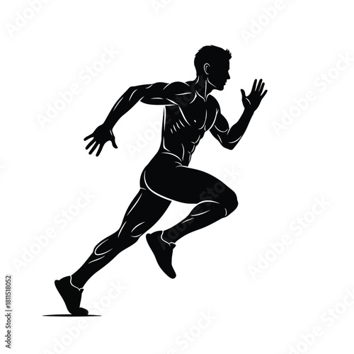 Dynamic black silhouette of a muscular man running, depicting speed, fitness, and athletic performance on a white background. isolated on white background, Vector, illustration