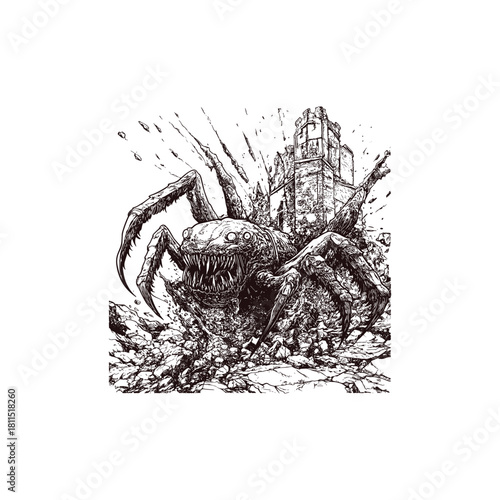 Intense vintage engraving illustration of a monstrous, hairy spider destroying an old stone fortress or ruin, with debris flying around