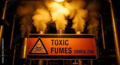 Industrial Warning Sign Depicting Toxic Fumes and Hazardous Chemical Emissions