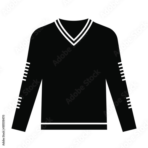 Black long sleeve v-neck sweater with white stripes on collar and cuffs, clean vector graphic isolated on white isolated on white background, Vector, illustration