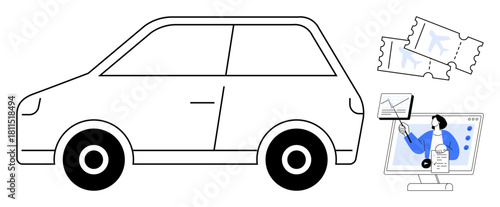 Online booking. Online booking system for travel and transportation, a car, digital tickets, and a virtual assistant on a computer. Online booking simplifies modern travel plans. travel, technology