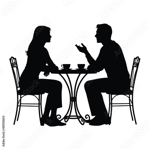 Silhouette couple having coffee conversation at cafe table, talking and gesturing, isolated on white. isolated on white background, Vector, illustration