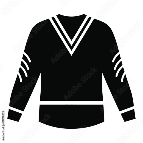 Black hockey jersey with white trim on collar and sleeve stripes, isolated on white background, sport apparel isolated on white background, Vector, illustration