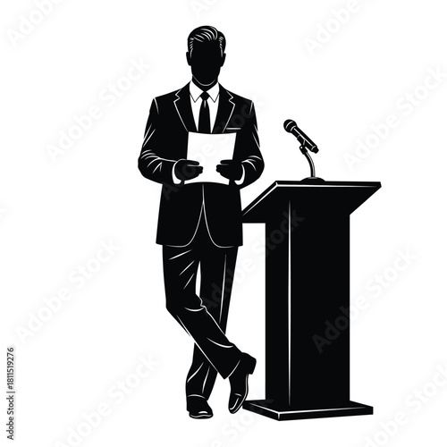 Silhouette of a man in a suit standing at a podium with a microphone and papers, ready to speak. isolated on white background, Vector, illustration