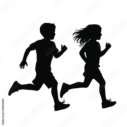 Silhouette of a boy and a girl running side-by-side, depicting childhood fun and activity, isolated on white. isolated on white background, Vector, illustration
