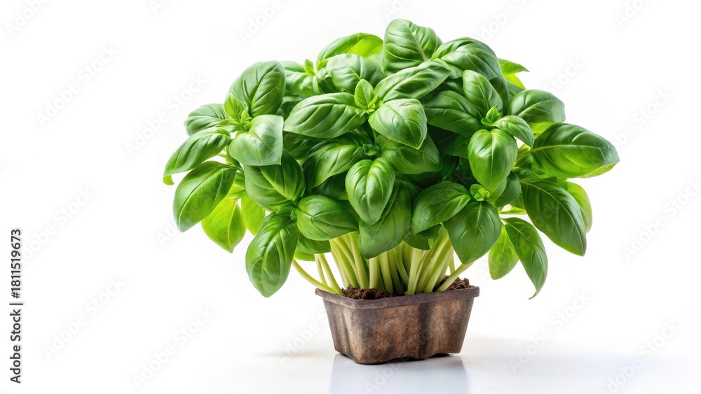 Fototapeta premium Freshly harvested basil plant isolated on white background