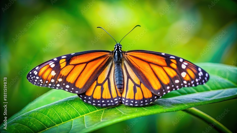 Fototapeta premium Delicate wings of monarch butterfly on green leaf