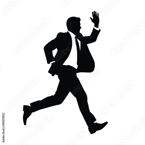Silhouette of a businessman in a suit running with one arm raised and hand open, against a white background. isolated on white background, Vector, illustration