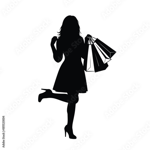 Silhouette of a woman with shopping bags, dressed in a short skirt and high heels, in a playful pose. (100 characters) isolated on white background, Vector, illustration