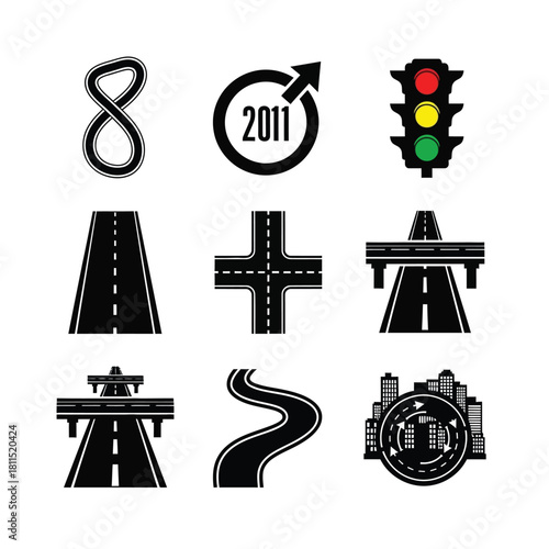 Collection of road and traffic icons: infinity symbol, year 2011, traffic light, intersection, highway isolated on white background, Vector, illustration