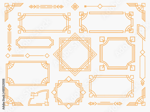 Art deco line border. Modern arabic gold frames, decorative lines borders and geometric golden label frame vector