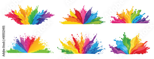 Set of six colorful rainbow paint holi gulal explosion splashes and bursts on white background.