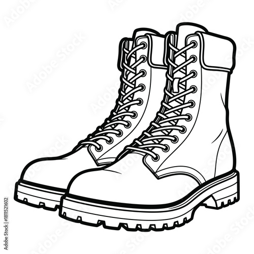 Line art illustration of a pair of sturdy combat boots with laces, isolated on a white background. isolated on white background, Vector, illustration