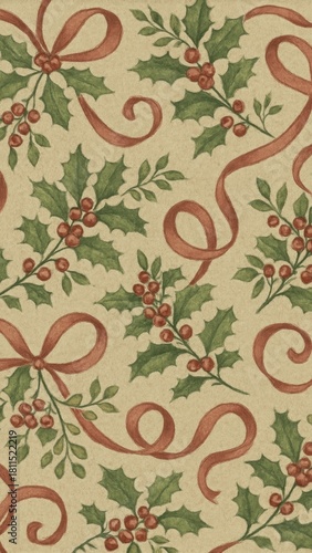 Festive holly ribbon pattern mobile wallpaper