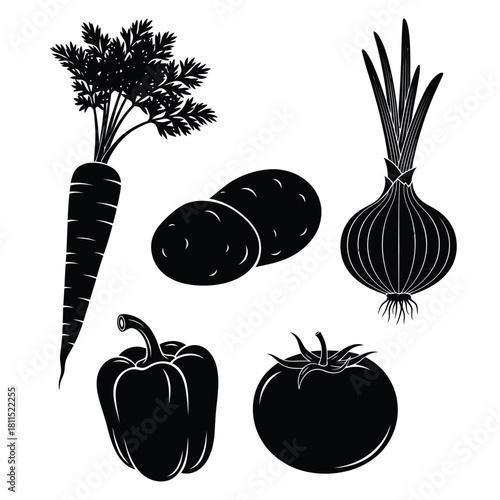 Collection of black silhouette vegetables including carrot, potato, onion, bell pepper, and tomato isolated on white. isolated on white background, Vector, illustration