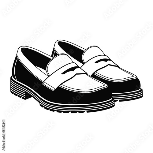 Classic black and white penny loafers, stylish footwear for men and women, isolated on white. isolated on white background, Vector, illustration