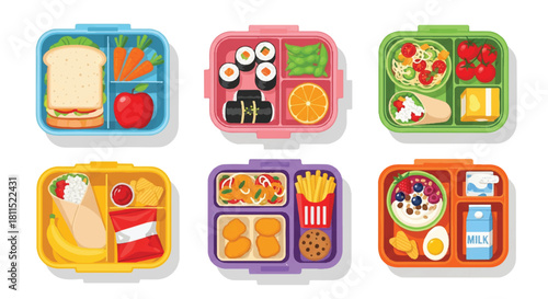 Flat 2D vector style lunchbox collection showing nutritious packed meals, fresh fruits, assorted drinks, and healthy snacks isolated on a clean white background.
