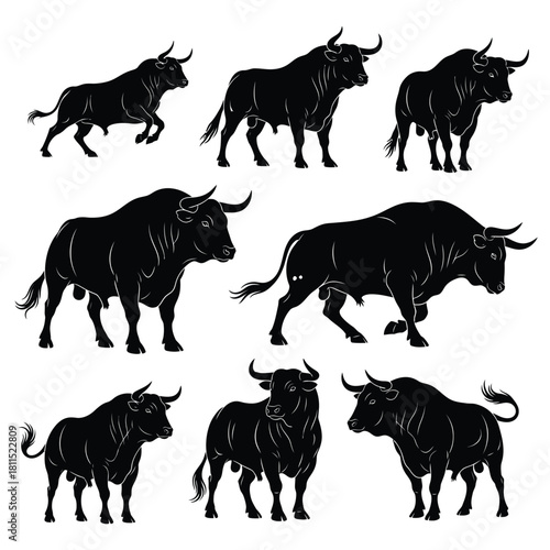Collection of black bull silhouettes in various dynamic poses, representing power and strength on isolated background. isolated on white background, Vector, illustration