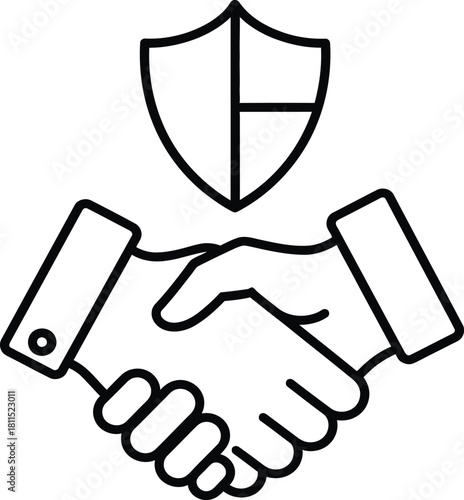 Business Agreement with Shield Outline Vector Illustration on Transparent Background with Handshake Partnership and Protection Deal Element Symbol