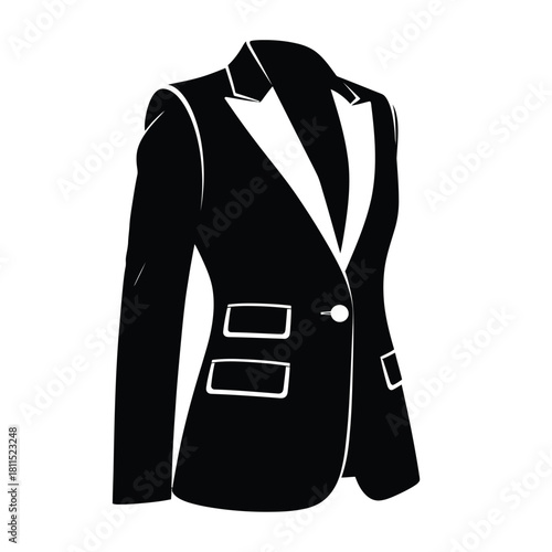 Elegant black women's tailored business blazer with white lapel, single button, and pocket details, isolated on white. isolated on white background, Vector, illustration