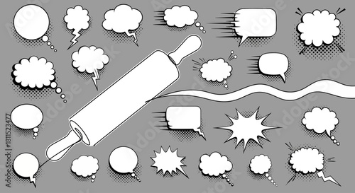 A black and white pop art collection of empty comic book speech bubbles surrounding a central rolling pin illustration