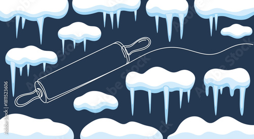 Surreal winter baking concept featuring a rolling pin illustrated among icy clouds and hanging icicles on a dark blue background