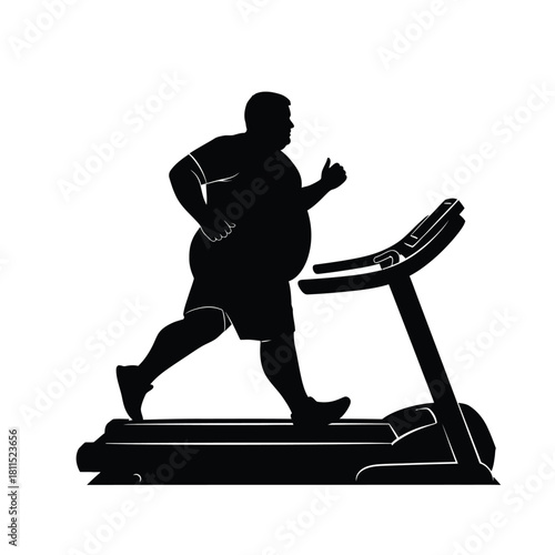 Silhouette of an overweight man running on a treadmill, symbolizing fitness journey and weight loss efforts. isolated on white background, Vector, illustration