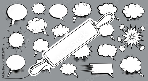 Rolling pin and a set of empty comic speech bubbles for baking recipes, cooking dialogues, and food discussions