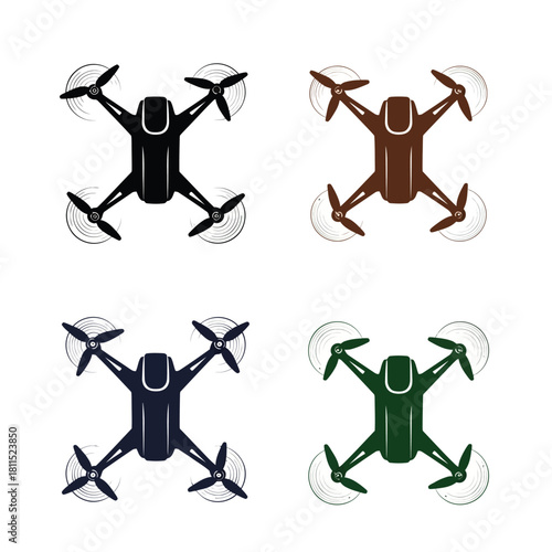 Four colorful drone icons in silhouette form, showcasing aerial technology and remote control vehicles, isolated on white. isolated on white background, Vector, illustration