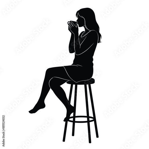 Silhouette of a woman sitting on a bar stool, holding a cup and drinking, isolated on white isolated on white background, Vector, illustration