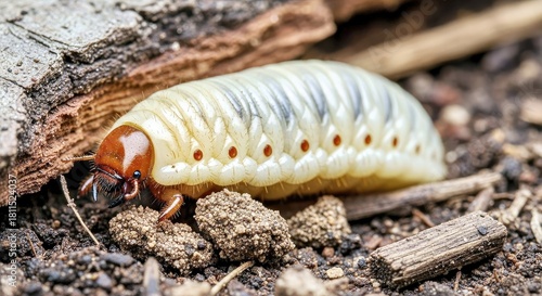 A large, C-shaped grub (like a Stag or Rhino beetle larva) in a piece of rotting wood or soil q