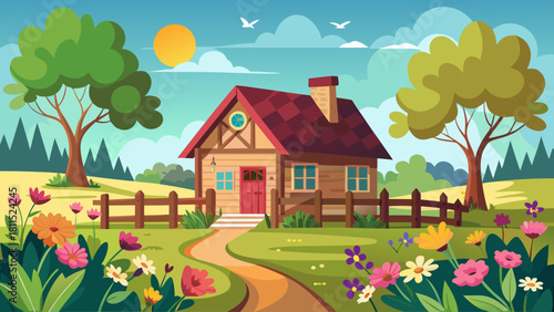 A house with a red door sits in a field with a path leading to it. The house is surrounded by trees and flowers, creating a peaceful and serene atmosphere