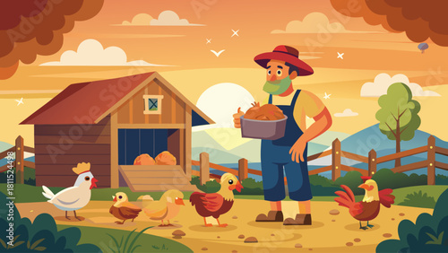 A farmer is holding a basket of food in front of a chicken coop. The scene is set in a rural area with a sunset in the background. The farmer is surrounded by several chickens