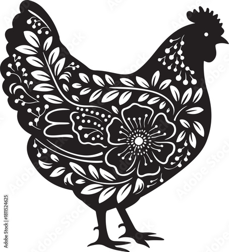 Floral Chicken Silhouette: The image showcases a black and white silhouette of a chicken intricately adorned with floral patterns, combining nature and artistry in a striking visual.