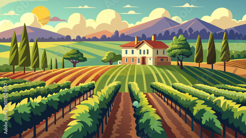 A beautiful countryside scene with a house and a vineyard. The house is white and the vineyard is lush and green. The sky is blue and the sun is shining brightly. The scene is peaceful and serene