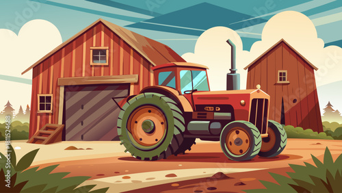 A red tractor is parked in front of a barn. The barn is surrounded by trees and houses. The scene is peaceful and serene