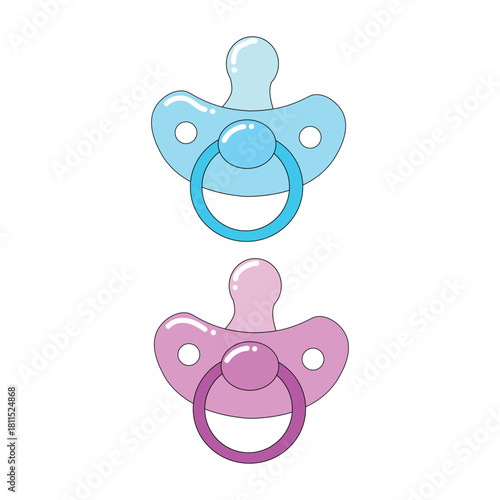 Cute Baby Pacifier Set: Blue and Pink Soothers or Dummies for Newborn Boy and Girl Vector Illustration