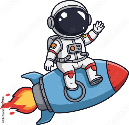 Cartoon astronaut, riding rocket, space vector, cute character, waving hand, fiery exhaust, educational clipart, galaxy background, playful science