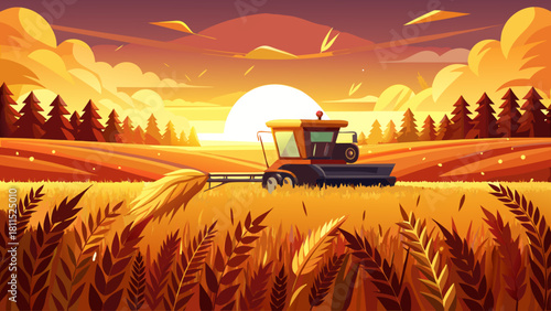 A tractor is driving through a field of golden wheat. The sky is orange and the sun is setting