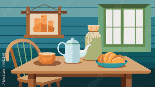 A table with a teapot, a bowl of oranges, and a plate of bread. The table is set for a meal