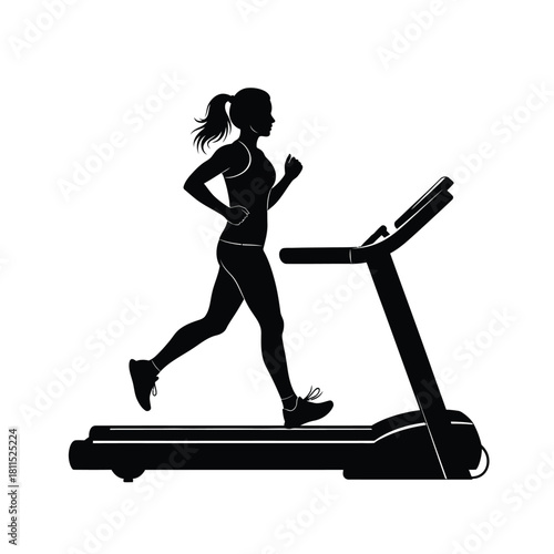 Silhouette of a woman running on a treadmill, symbolizing fitness, cardio exercise, and healthy lifestyle. - 100 characters isolated on white background, Vector, illustration