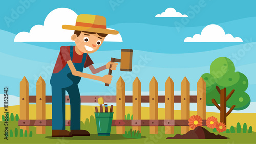 A man in a straw hat is working on a fence. He is holding a hammer and a shovel. The scene is set in a garden with a fence and a tree