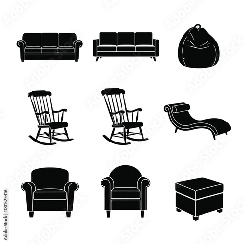 Collection of black furniture icons including sofas, armchairs, rocking chairs, chaise lounge, bean bag, and ottoman on white background. isolated on white background, Vector, illustration